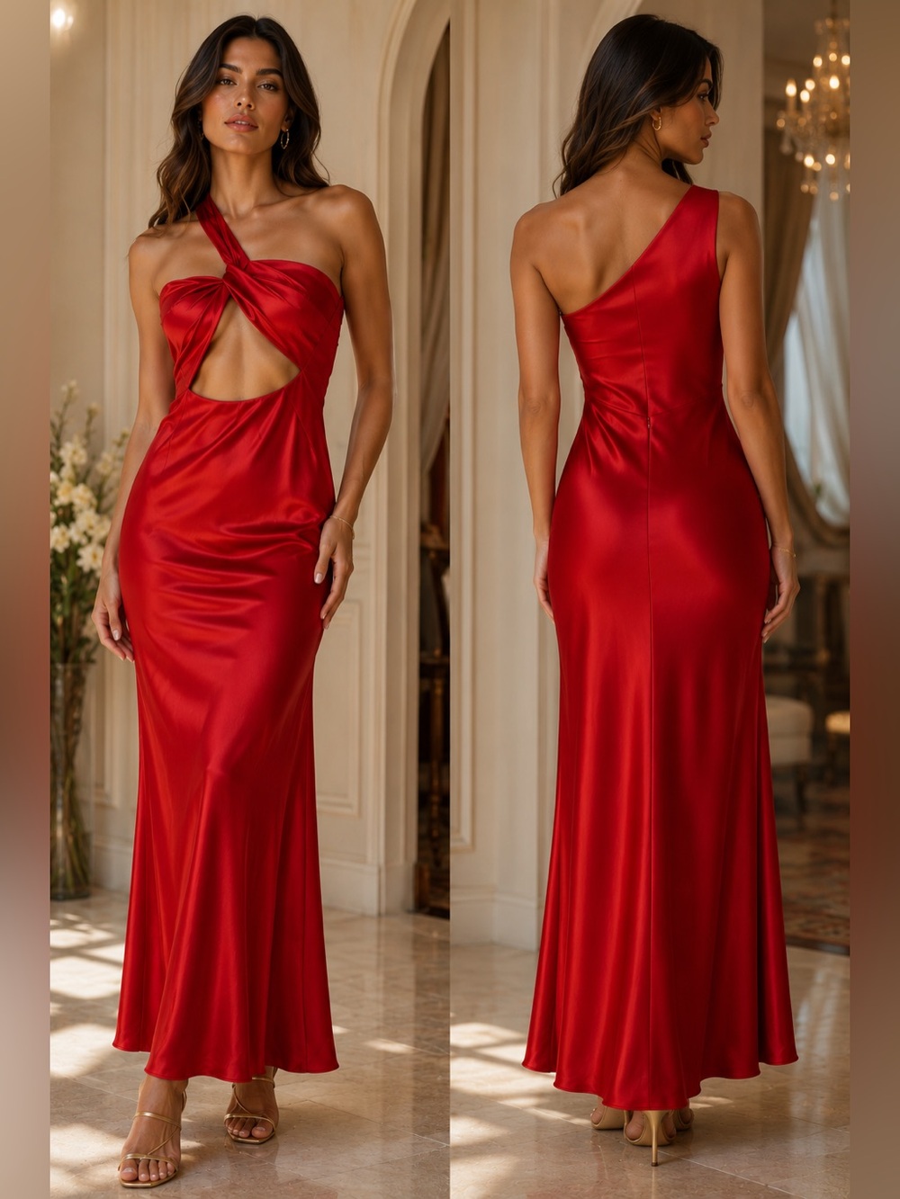Zara Asymmetric Satin Effect Red Knot Cutout Midi Dress NWT Size XS
